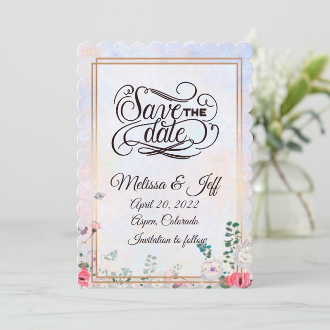 Convite de salva data com moldura floral (Em pé/Frente)