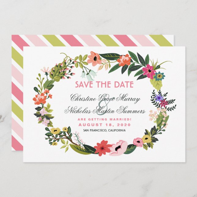 Convite de Salvar a Data com Coroa Floral (Frente/Verso)