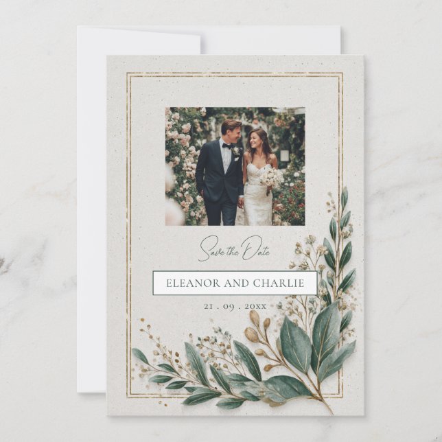 Convite de Salvar a Data com Elegante Folhagem (Frente)