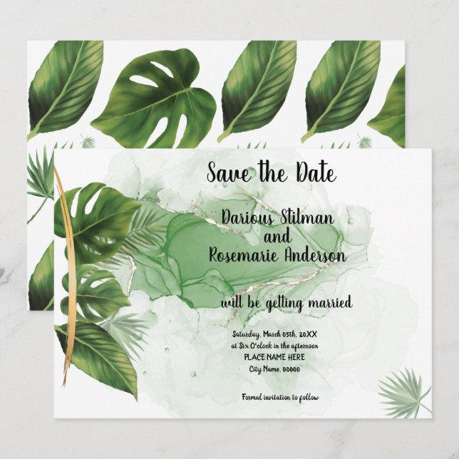 Convite de Salvar a Data com Palma Tropical (Frente/Verso)