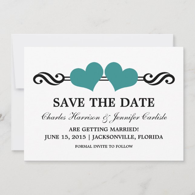 Convite de Salvar a Data Elegant Hearts, Azul Turq (Frente)