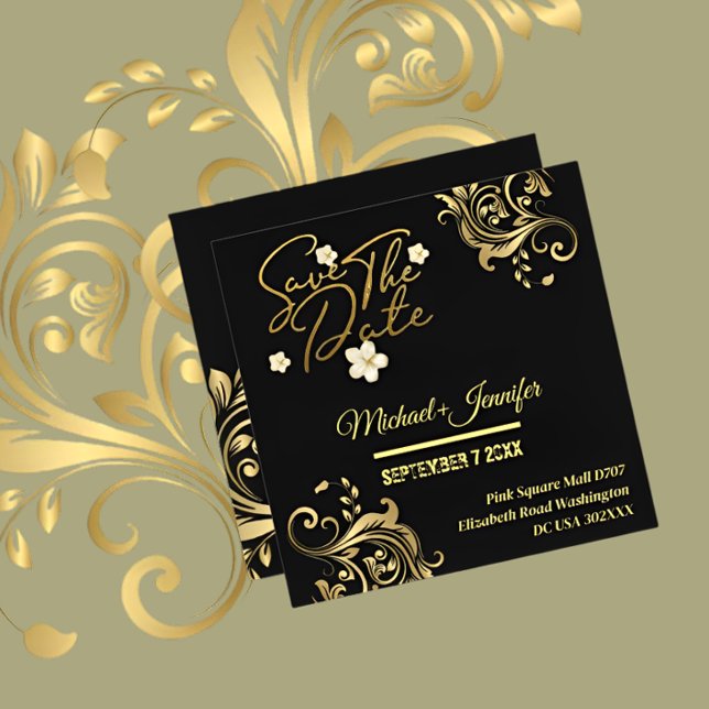 Convite de Salvar a Data Elegante Preto e Dourado  (Criador carregado)