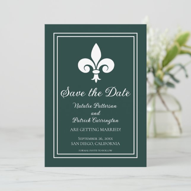 Convite de Salvar a Data Fleur de Lis Verde Esmera (Em pé/Frente)