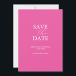 Convite de Salvar a Data Vibrante Rosa Fúcsia<br><div class="desc">Anuncie o seu noivado com este cartão minimalista de "save the date". Ele apresenta uma mistura de tipografia clássica e cursiva em branco sobre um vibrante fundo rosa fúcsia. Use os campos do modelo para personalizar com seu nome e data de casamento. Até personalizar as cores para se adequar ao...</div>