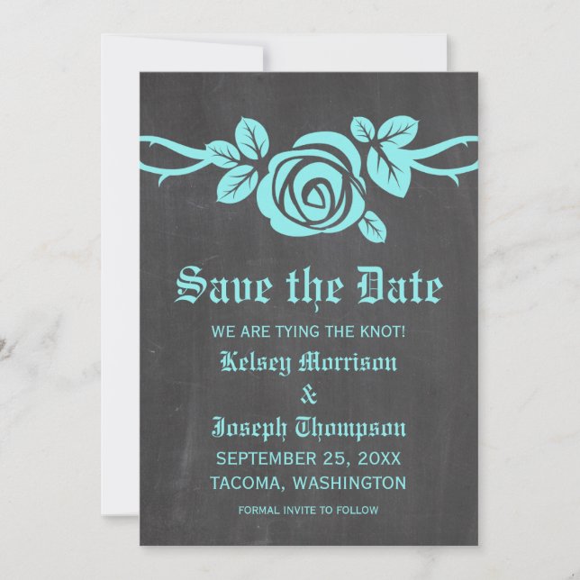 Convite de Save the Date Aqua Rose Chalkboard (Frente)