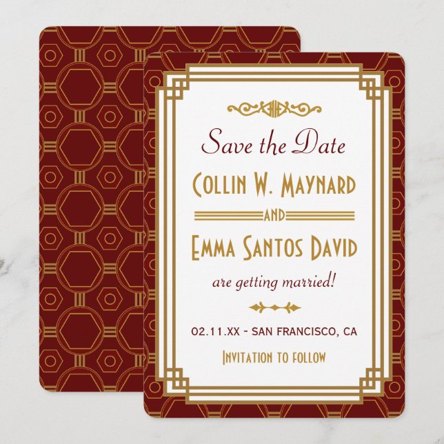 Convite de Save The Date Art Déco Borgonha Persona (Frente/Verso)