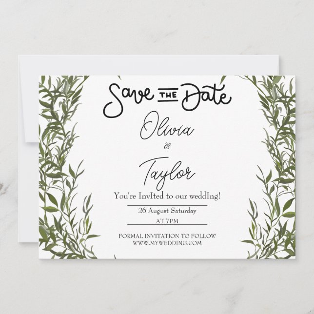 Convite de Save The Date Caprichoso com Folhagem (Frente)