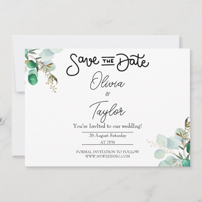 Convite de Save The Date Caprichoso com Folhagem (Frente)