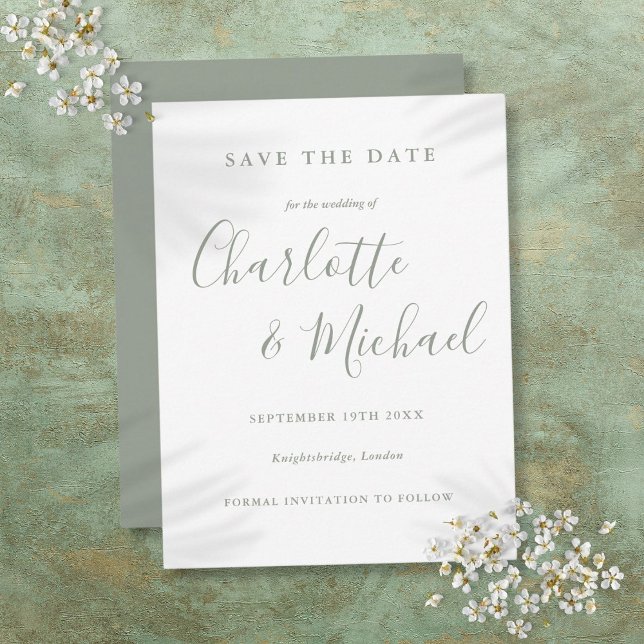 Convite de Save The Date Casamento Assinatura Verd (Sage Green Signature Wedding Save The Date Postcard)