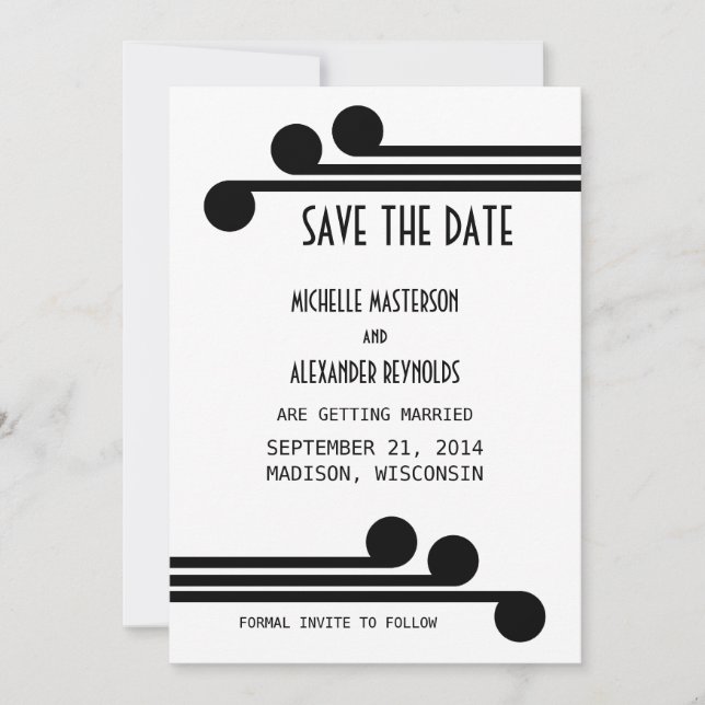 Convite de Save the Date Chic Deco Simples Preto (Frente)