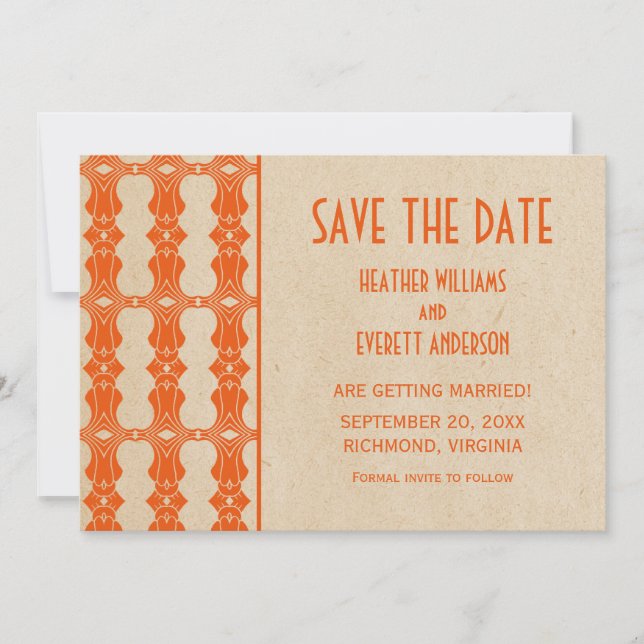 Convite de Save the Date com Borda Art Déco Laranj (Frente)