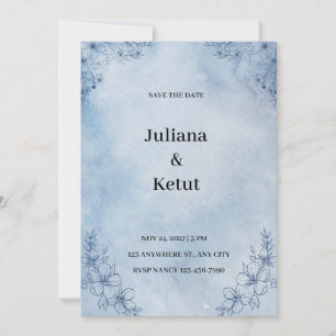 Convite de Save the Date com Borda de Aquarela Azu