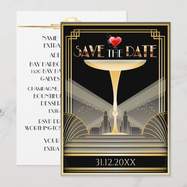 Convite de Save The Date com Champanhe Deco (Frente/Verso)