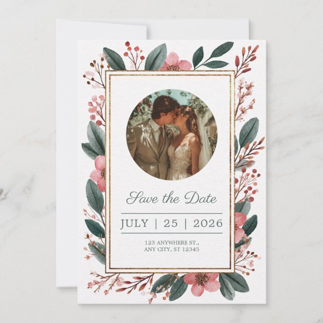 Convite de Save the Date com Moldura Floral Rosada (Frente)