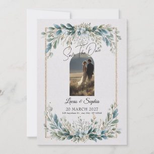 Convite de Save the Date com Vegetação Azul Elegan