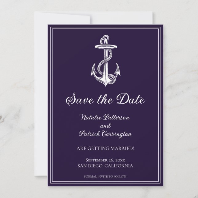 Convite de Save the Date de Âncora Náutica Roxa (Frente)