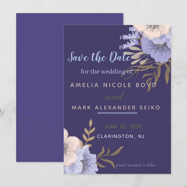 Convite de Save the Date de Anêmona Periwinkle Ele (Frente/Verso)