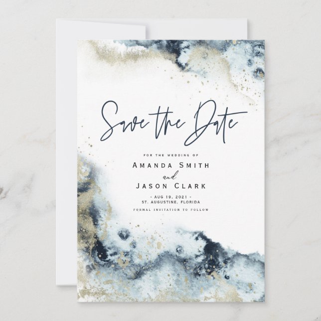 Convite de Save the Date de Aquarela Azul Marinho  (Frente)