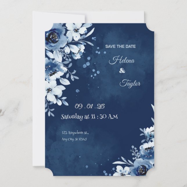 Convite de Save The Date de Casamento Blue Elegant (Frente)