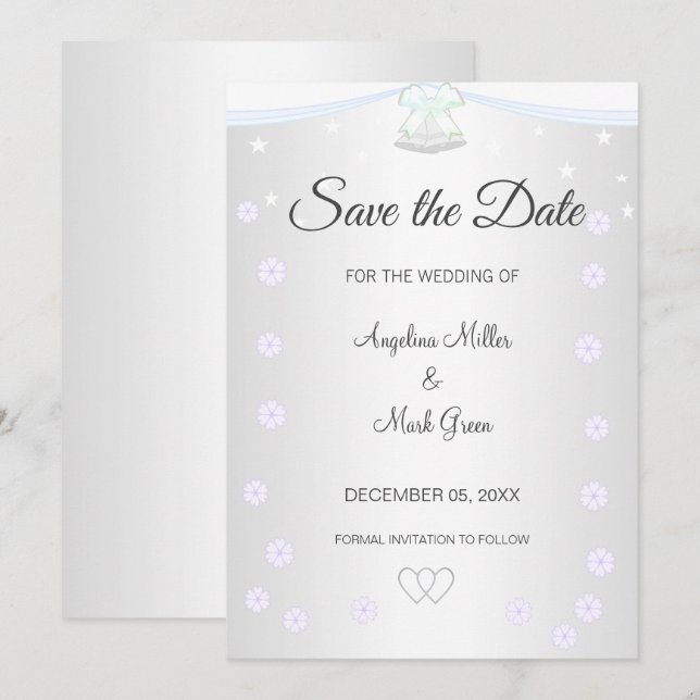 Convite de Save the Date de casamento prateado e b (Frente/Verso)