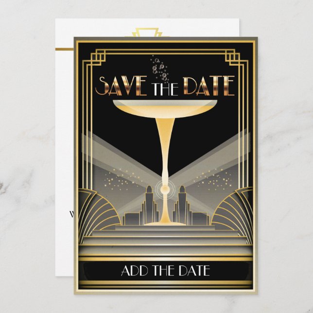 Convite de Save The Date de Champanhe Deco (Frente/Verso)