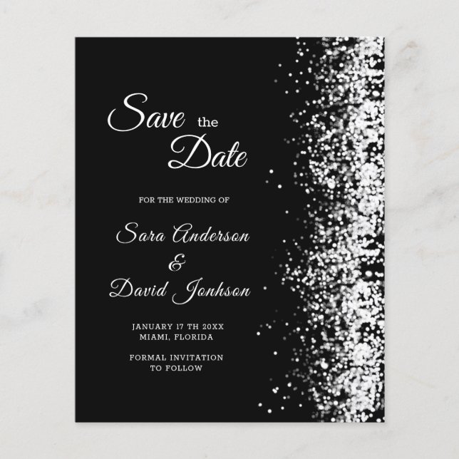 Convite de Save the Date de Glitter Preto Orçament (Frente)