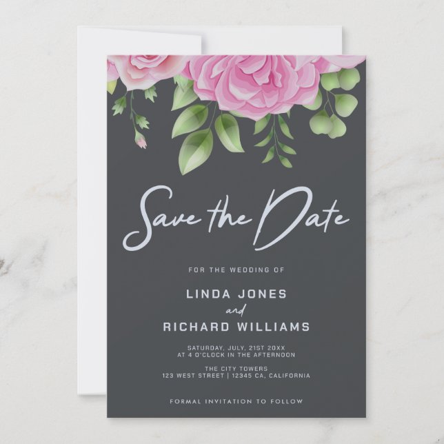 Convite de Save The Date de Rosas Cinza Grafite (Frente)