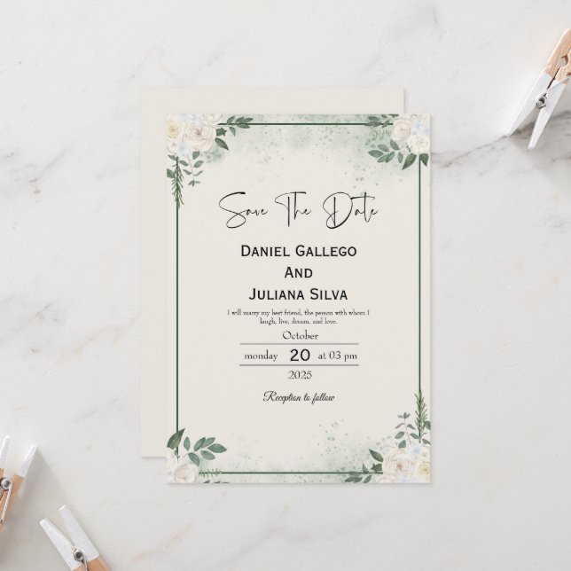 Convite de Save The Date de Verde Moderno (Frente/Verso In Situ)