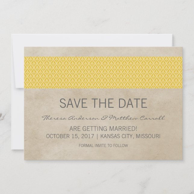 Convite de Save the Date em Damask Rústico Amarelo (Frente)