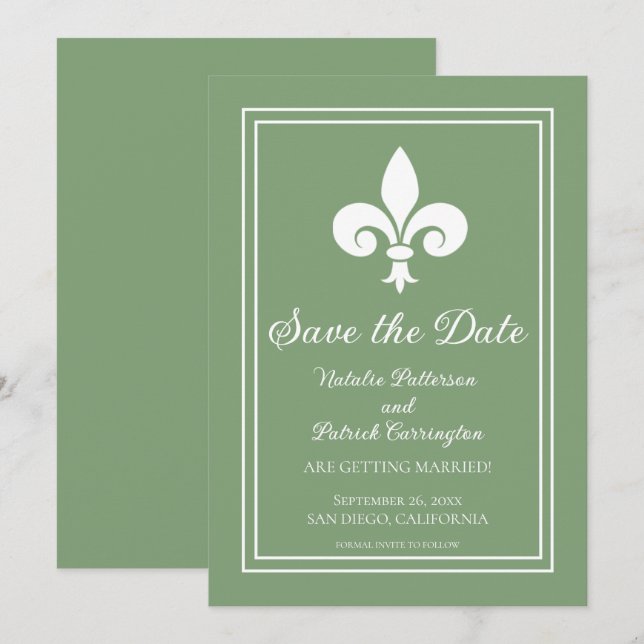Convite de Save the Date Fleur de Lis Verde Musgo (Frente/Verso)