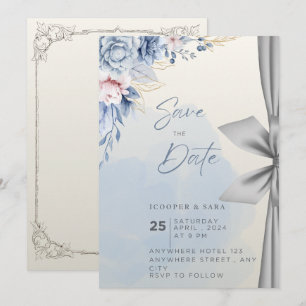 Convite de Save-the-Date Floral Azul Elegante – Ág