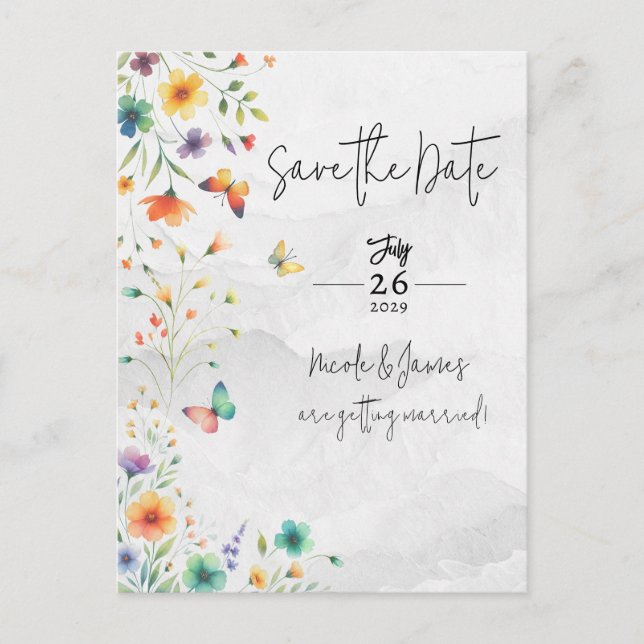 Convite de Save the Date Floral Borboleta Aquarela (Frente)