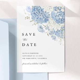 Convite de Save the Date Floral Branco Azul Empoei