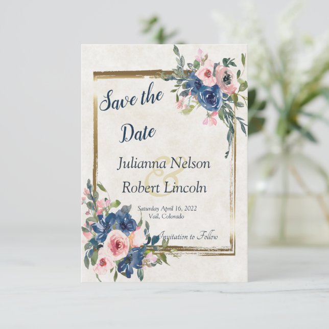 Convite de save the date floral de aquarela rosa e (Em pé/Frente)