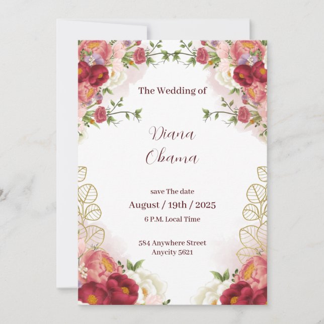 Convite de Save The Date Floral em Aquarela Dourad (Frente)