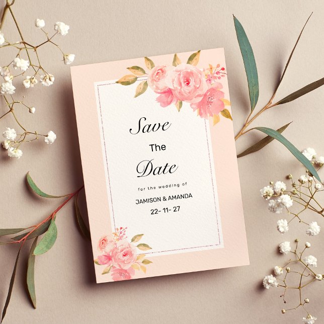 Convite de Save The Date floral em aquarela rosa p (Watercolor mint pastel pink floral Save The Date)