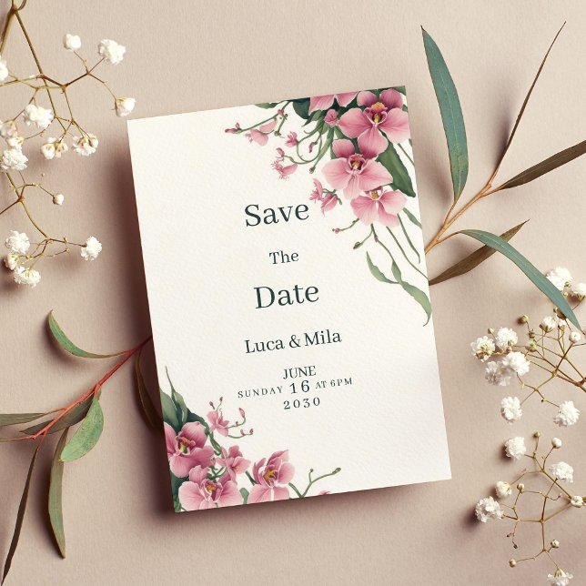 Convite de Save the Date floral orquídea rosa ment (Watercolor mint pink orchid floral Save the Date)