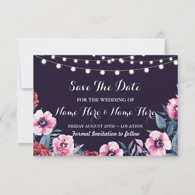 Convite de Save The Date Flores Rosa Azul Marinho  (Frente)