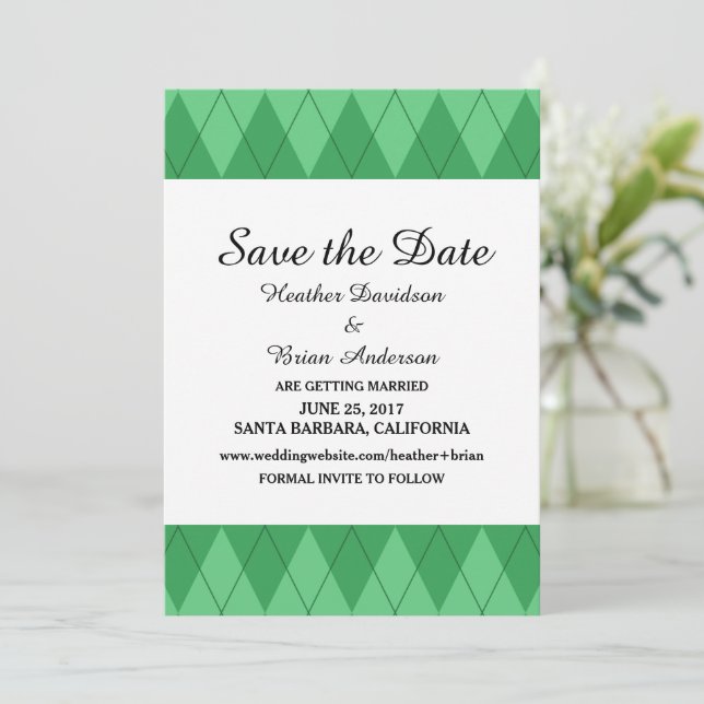 Convite de Save the Date Green Argyle (Em pé/Frente)