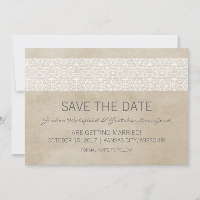 Convite de Save the Date Ivory Rustic Lace (Frente)