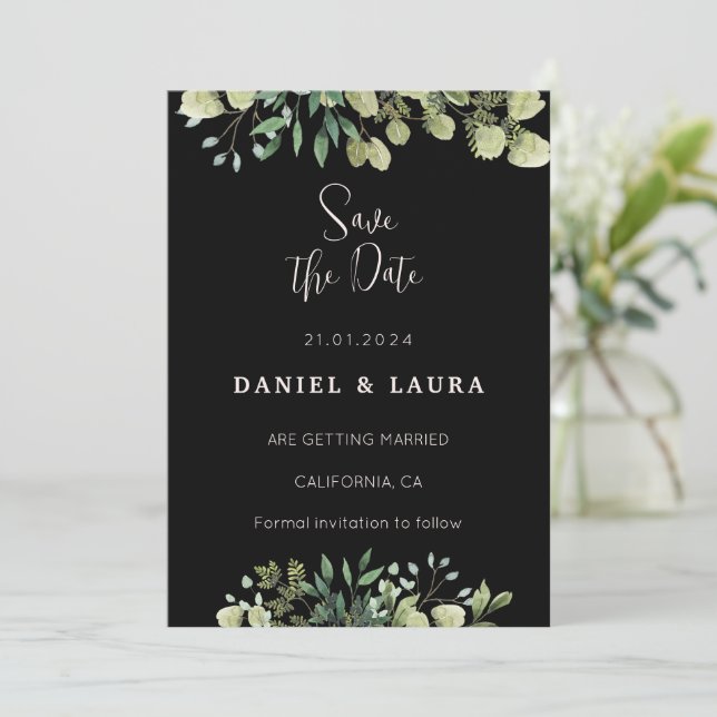 Convite de Save the Date Preto (Em pé/Frente)