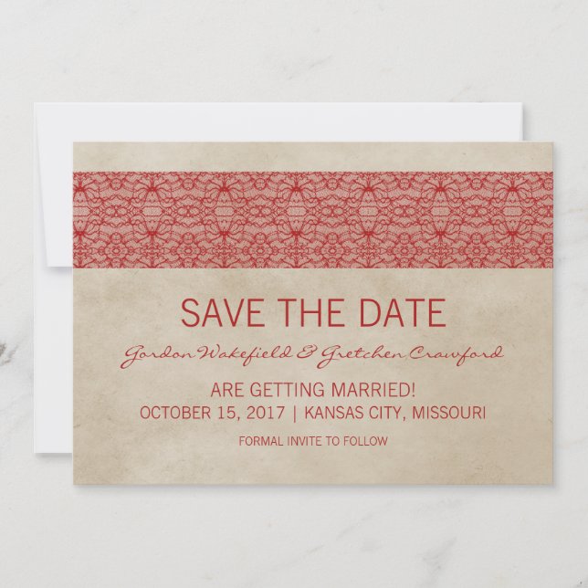 Convite de Save the Date Red Rustic Lace (Frente)