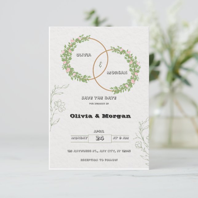 Convite de Save the Date Simples Branco e Verde (Em pé/Frente)