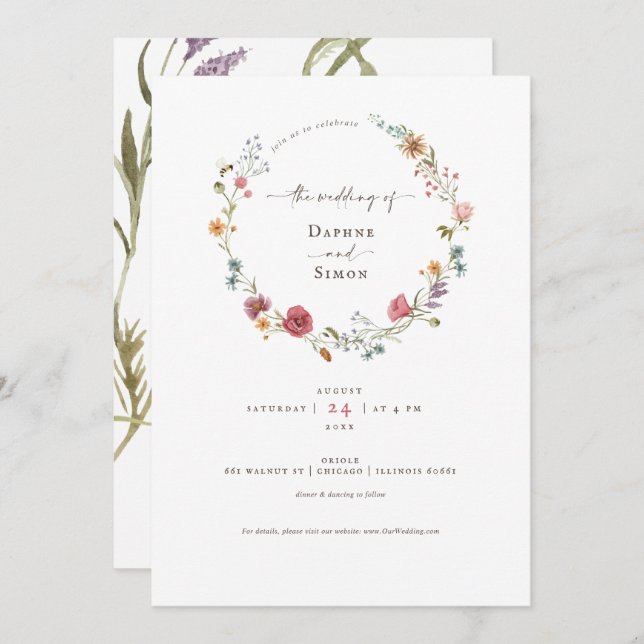 Convite de Script de Aquarela de Flores Selvagens (Frente/Verso)