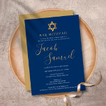 Convite de Script Dourado Azul do Marinho Mitzvah<br><div class="desc">Apresentando o nome da assinatura do script do ouro. Personalize com seu Bar especial Mitzvah em letras de ouro em chic em um fundo azul marinho. Projetado por Thisnotme©</div>