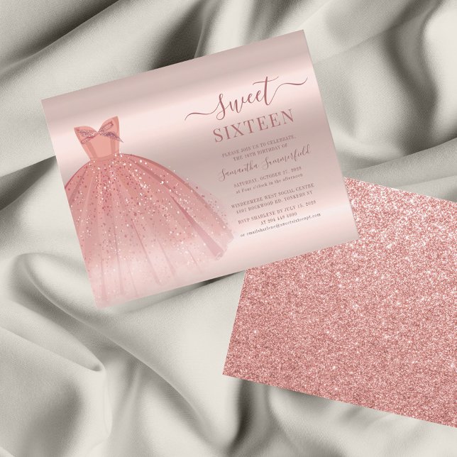 Convite de Script Moderno Rosa Dourado Glam Sweet  (Sweet 16 Rose Gold Dress Party Invitation)