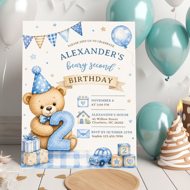 Convite de Segundo Aniversário do Urso Teddy com L (Criador carregado)