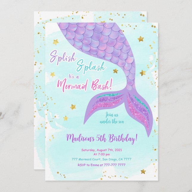 Convite de Sereia Infantil Sob O Mar (Frente/Verso)