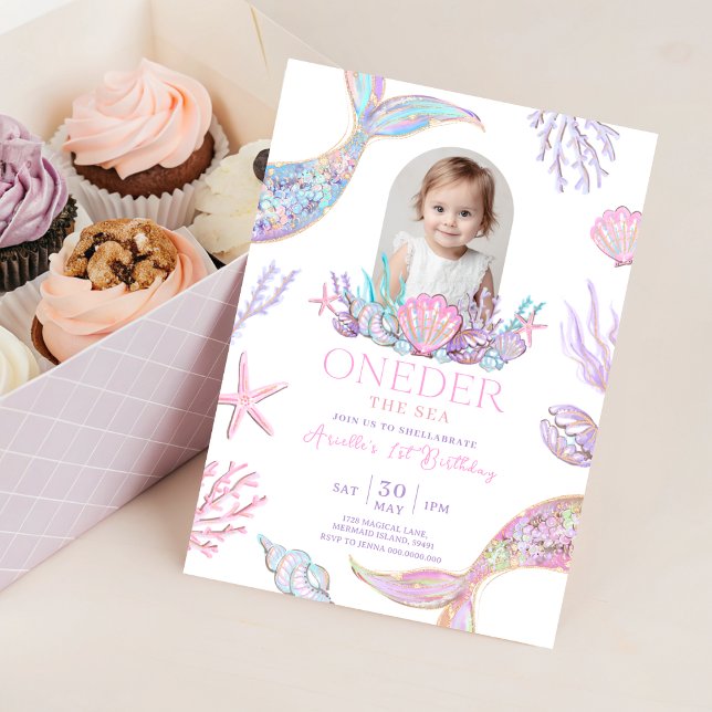 Convite de Sereia Oneder do Mar Editável (Mermaid Tail 1st Birthday Invitation With Picture)