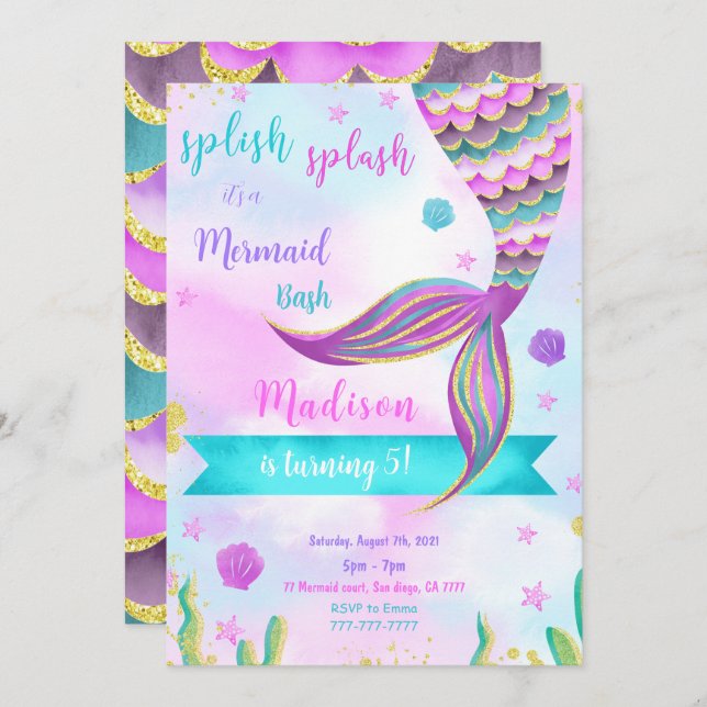 Convite de Sereia Splish Splash (Frente/Verso)